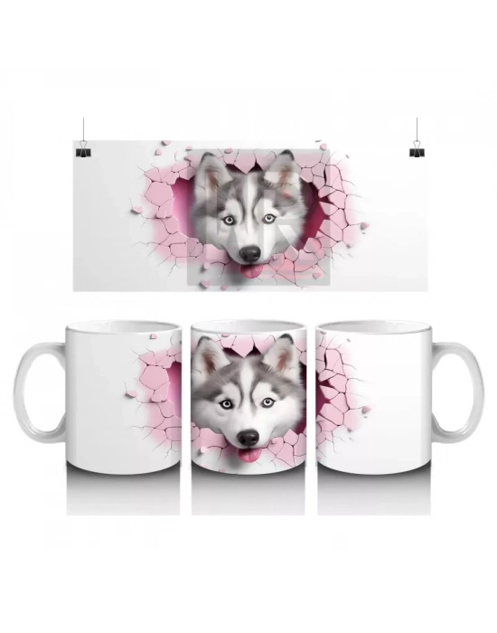 Pembe Kalpli Duvar Arasında Husky – Baskılı Kahve Kupası