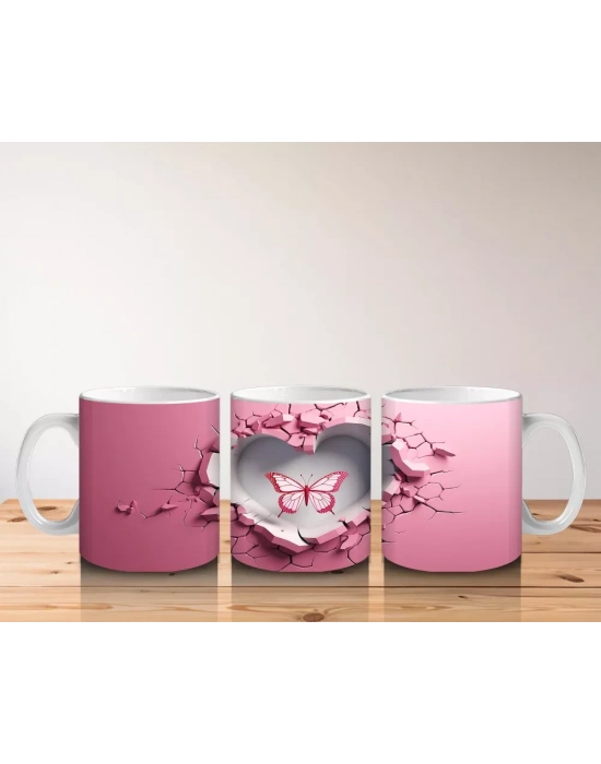 Pembe Kalpli Duvar Arasında Kelebek Figürü – Baskılı Kahve Kupası