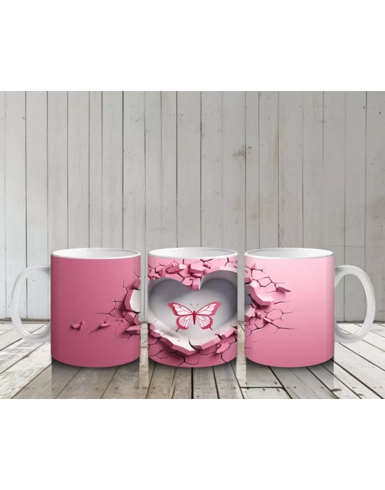 Pembe Kalpli Duvar Arasında Kelebek Figürü – Baskılı Kahve Kupası