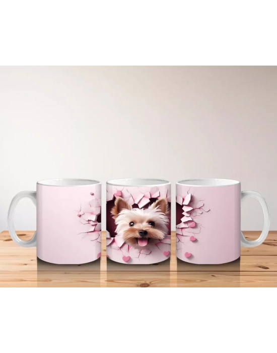 Pembe Kalpli Duvar Arasında Sevimli Yorkshire Terrier - Baskılı kahve kupası