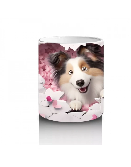 Pembe Kalpli Duvar Arasından Bakan Sheltie Cinsi Köpek - Baskılı kahve kupası