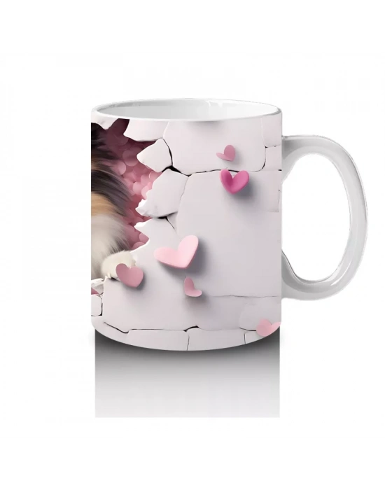 Pembe Kalpli Duvar Arasından Bakan Sheltie Cinsi Köpek - Baskılı kahve kupası