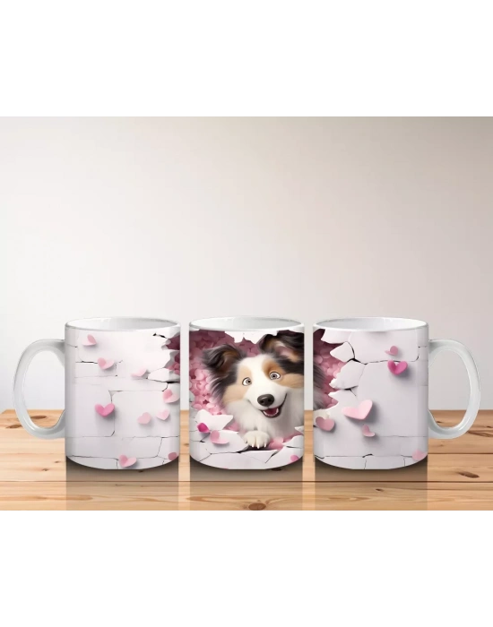 Pembe Kalpli Duvar Arasından Bakan Sheltie Cinsi Köpek - Baskılı kahve kupası