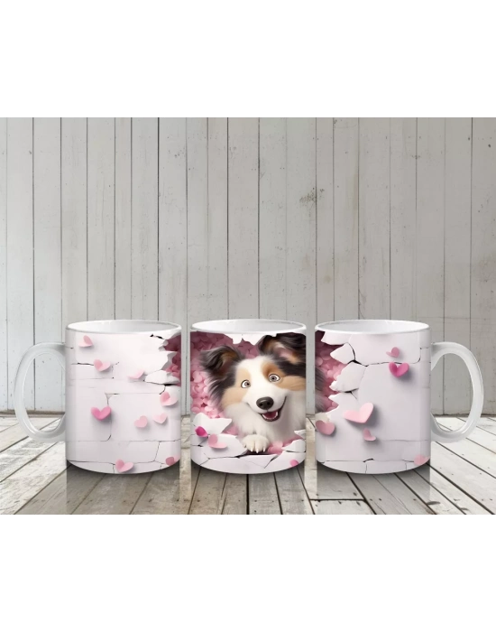Pembe Kalpli Duvar Arasından Bakan Sheltie Cinsi Köpek - Baskılı kahve kupası