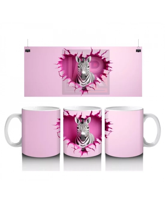 Pembe Kalpli Duvar Önünde Sevimli Zebra – Baskılı Kahve Kupası