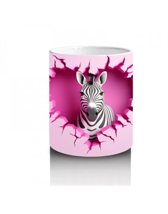 Pembe Kalpli Duvar Önünde Sevimli Zebra – Baskılı Kahve Kupası