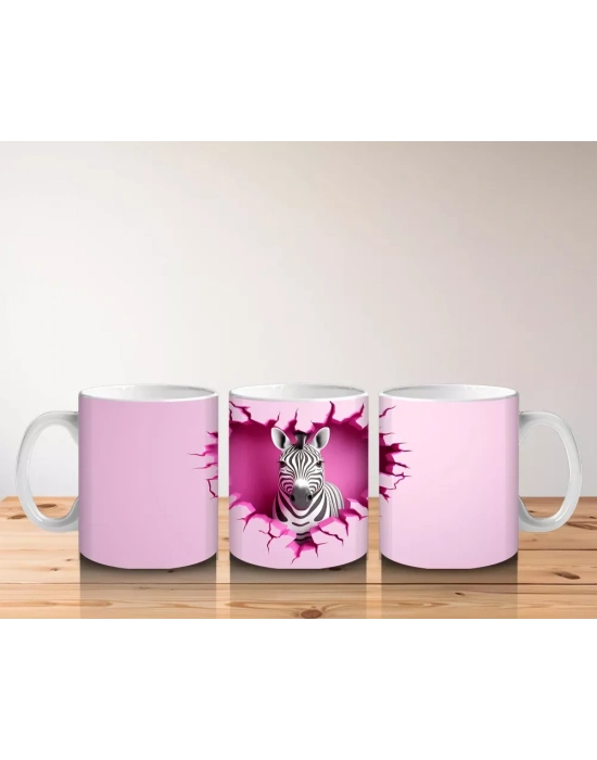 Pembe Kalpli Duvar Önünde Sevimli Zebra – Baskılı Kahve Kupası