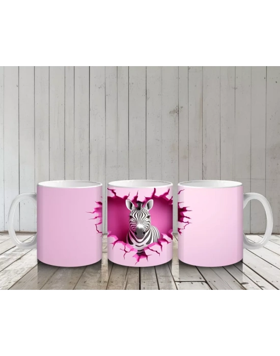 Pembe Kalpli Duvar Önünde Sevimli Zebra – Baskılı Kahve Kupası