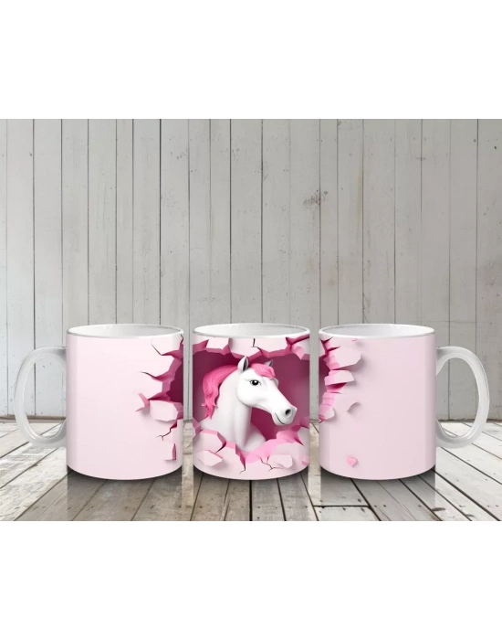 Pembe Kalpli Duvar Önünde Tek Boynuzlu At – Baskılı Kahve Kupası