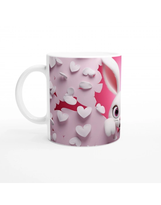 Pembe Kalpli Duvardan Bakan Tavşan Temalı Baskılı Kupa Bardak