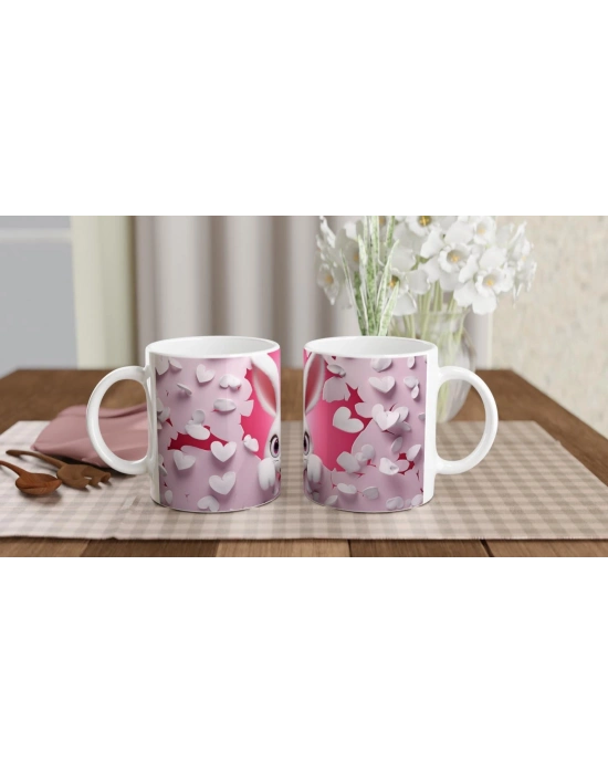 Pembe Kalpli Duvardan Bakan Tavşan Temalı Baskılı Kupa Bardak