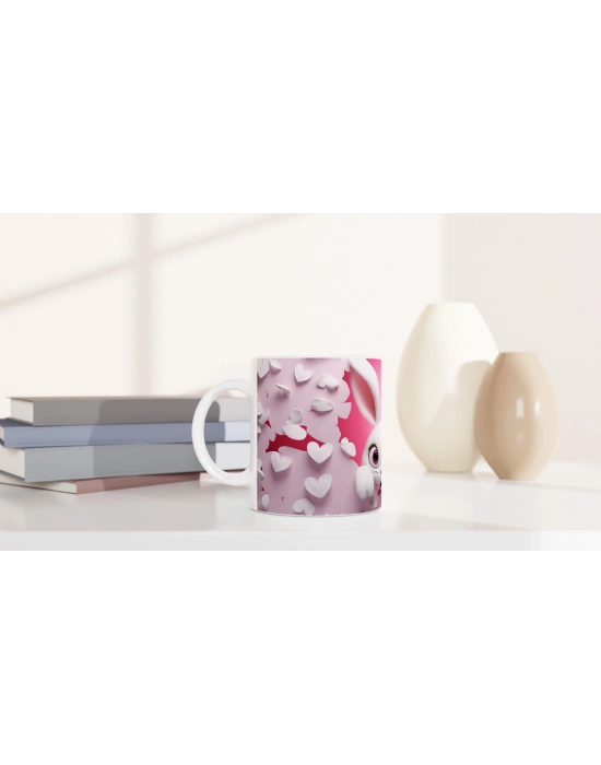 Pembe Kalpli Duvardan Bakan Tavşan Temalı Baskılı Kupa Bardak