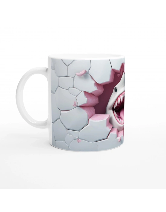 Pembe Kalpli Duvarı Parçalayan Köpekbalığı Temalı Baskılı Kupa Bardak