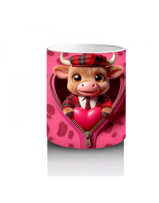 Pembe Kalpli Fon Üzerinde Kırmızı Boğa Maskotu – Baskılı Kahve Kupası