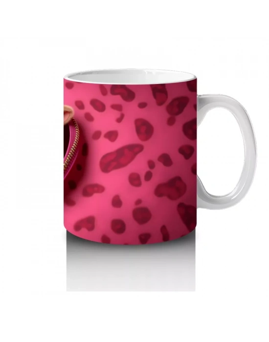 Pembe Kalpli Fon Üzerinde Kırmızı Boğa Maskotu – Baskılı Kahve Kupası