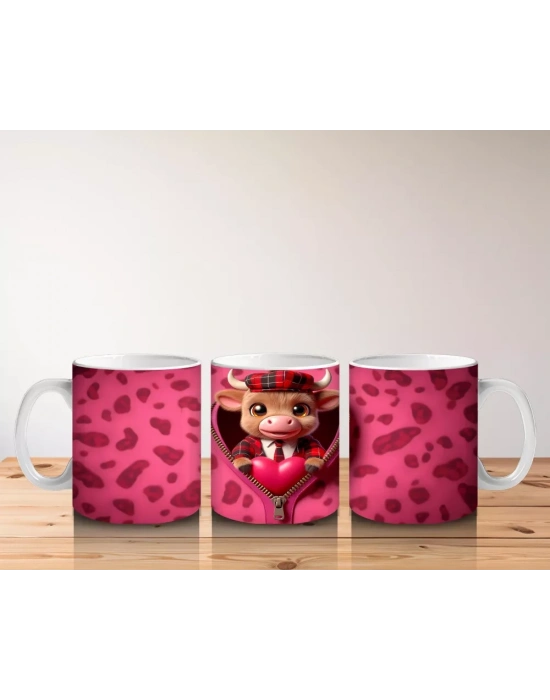 Pembe Kalpli Fon Üzerinde Kırmızı Boğa Maskotu – Baskılı Kahve Kupası