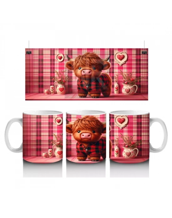 Pembe Kalpli Fon Üzerinde Sevimli Buzağı – Baskılı Kupa