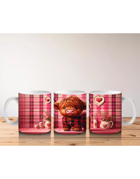 Pembe Kalpli Fon Üzerinde Sevimli Buzağı – Baskılı Kupa