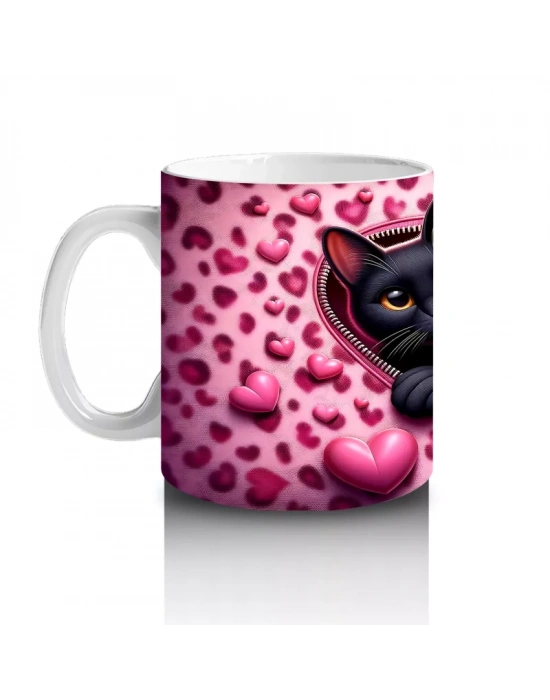 Pembe Kalpli Fon Üzerinde Siyah Beyaz Kedi Çifti – Baskılı Kahve Kupası