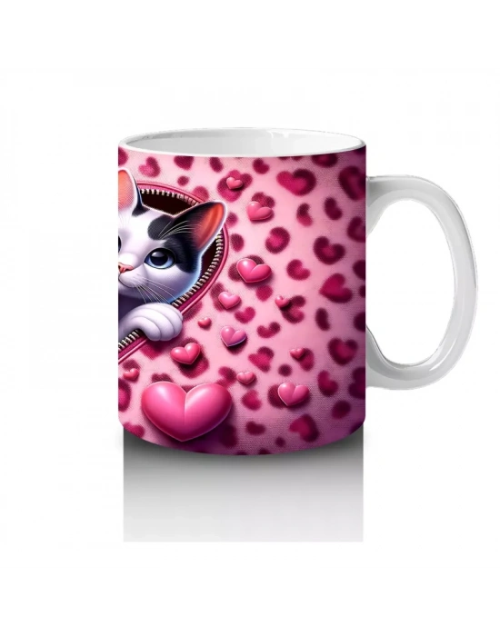 Pembe Kalpli Fon Üzerinde Siyah Beyaz Kedi Çifti – Baskılı Kahve Kupası