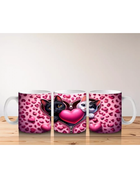 Pembe Kalpli Fon Üzerinde Siyah Beyaz Kedi Çifti – Baskılı Kahve Kupası