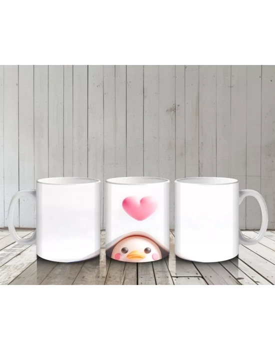 Pembe Kalpli Fon Üzerinden Bakan Sevimli Civciv - Baskılı kahve kupası