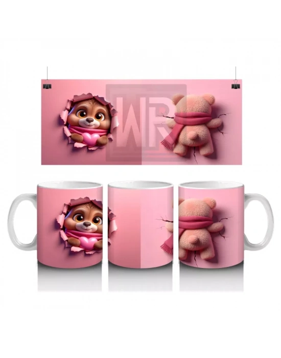 Pembe Kalpli Maskot ve Peluş Ayıcık – Baskılı Kahve Kupası