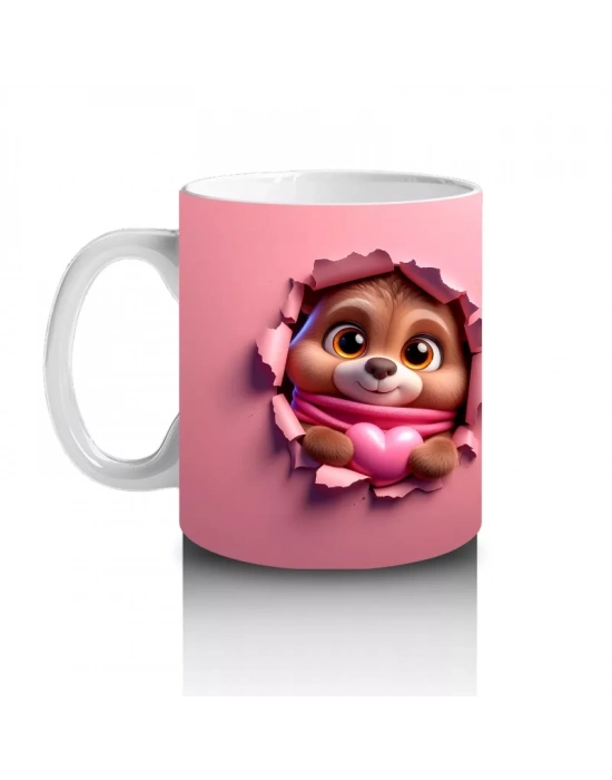 Pembe Kalpli Maskot ve Peluş Ayıcık – Baskılı Kahve Kupası