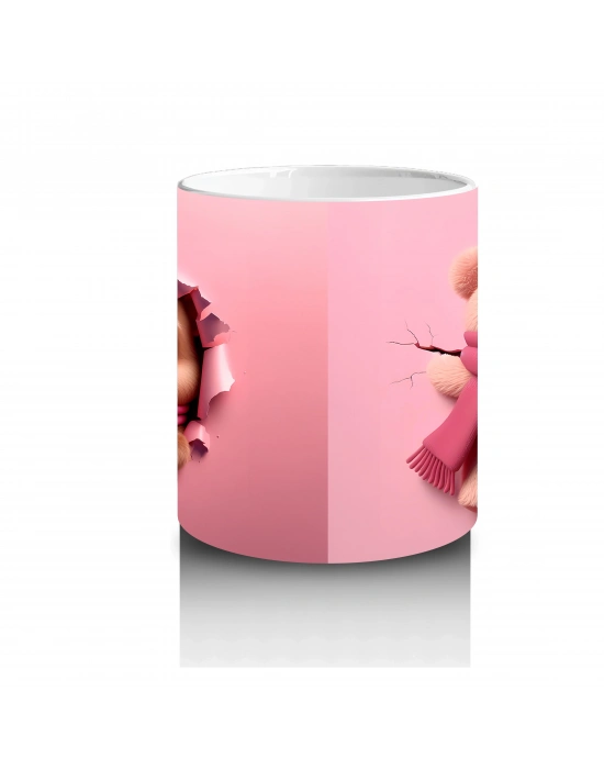 Pembe Kalpli Maskot ve Peluş Ayıcık – Baskılı Kahve Kupası