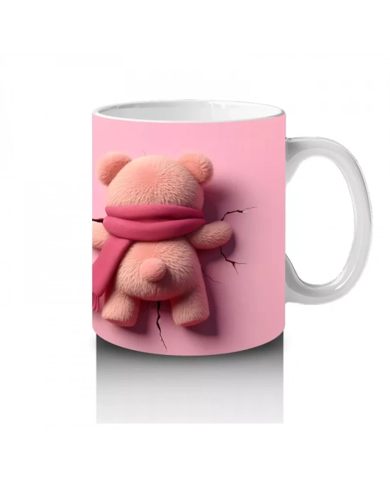 Pembe Kalpli Maskot ve Peluş Ayıcık – Baskılı Kahve Kupası