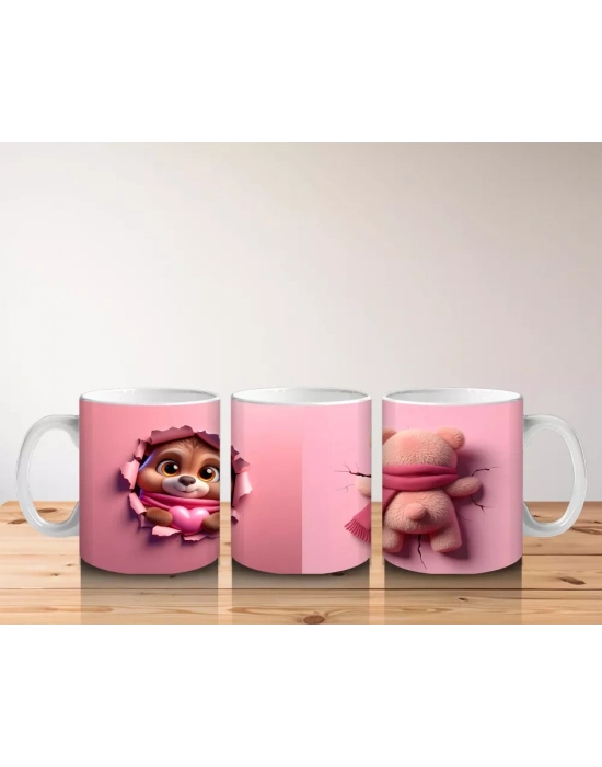 Pembe Kalpli Maskot ve Peluş Ayıcık – Baskılı Kahve Kupası