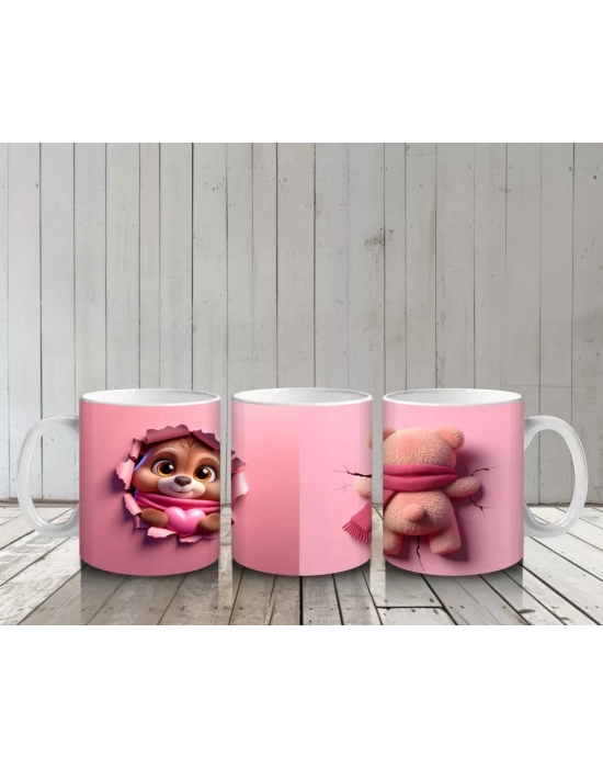 Pembe Kalpli Maskot ve Peluş Ayıcık – Baskılı Kahve Kupası