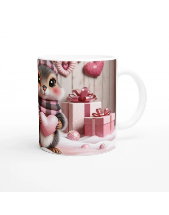 Pembe Kalpli Sevimli Sincap Temalı Baskılı Kupa Bardak