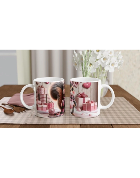 Pembe Kalpli Sevimli Sincap Temalı Baskılı Kupa Bardak