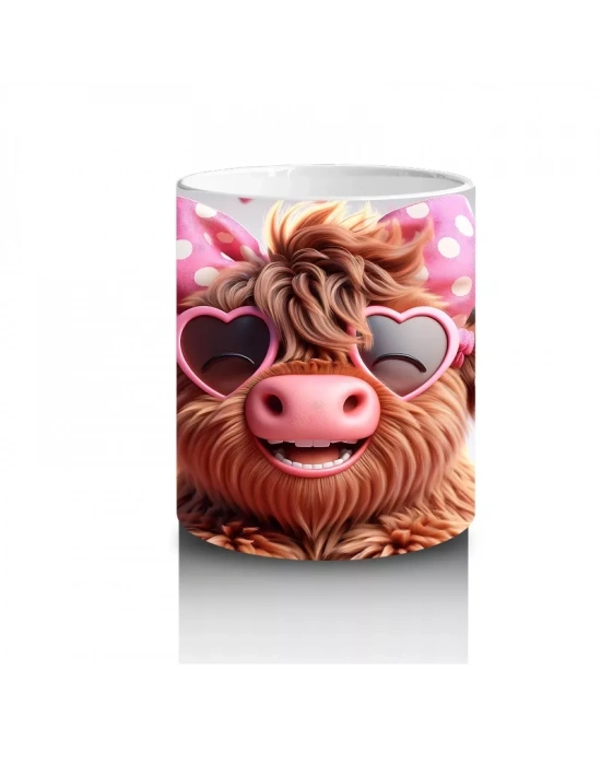 Pembe Kalpli Zemin Üzerinde Sevimli Boğa – Baskılı Kahve Kupası