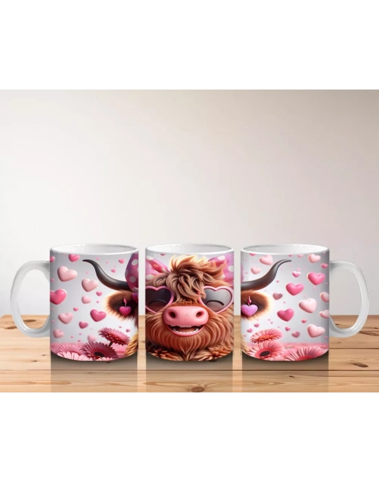 Pembe Kalpli Zemin Üzerinde Sevimli Boğa – Baskılı Kahve Kupası