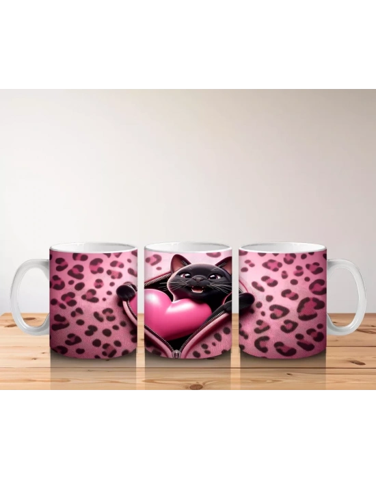 Pembe Kalpli Zeminde Kalpli Figür Tutan Sevimli Kara Kedi - Baskılı kahve kupası