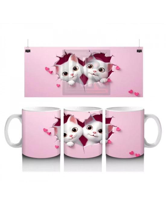 Pembe Kalpli Zeminden Bakan Sevimli İkiz Kediler - Baskılı kahve kupası
