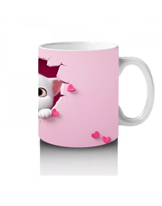 Pembe Kalpli Zeminden Bakan Sevimli İkiz Kediler - Baskılı kahve kupası
