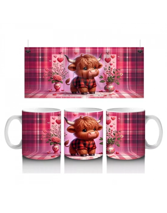 Pembe Kare Desen Üzerinde Sevimli Öküz – Baskılı Kahve Kupası