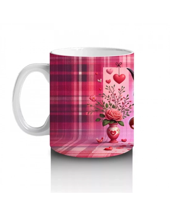 Pembe Kare Desen Üzerinde Sevimli Öküz – Baskılı Kahve Kupası