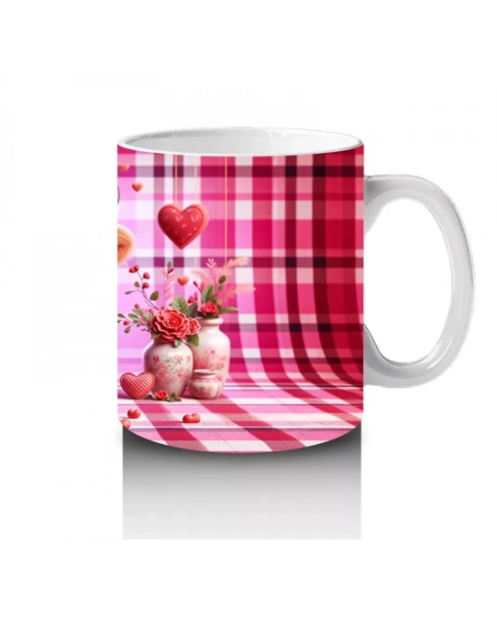 Pembe Kareli Fon Üzerinde Şapkalı Sevimli Kız Maskot – Baskılı Kupa Bardak