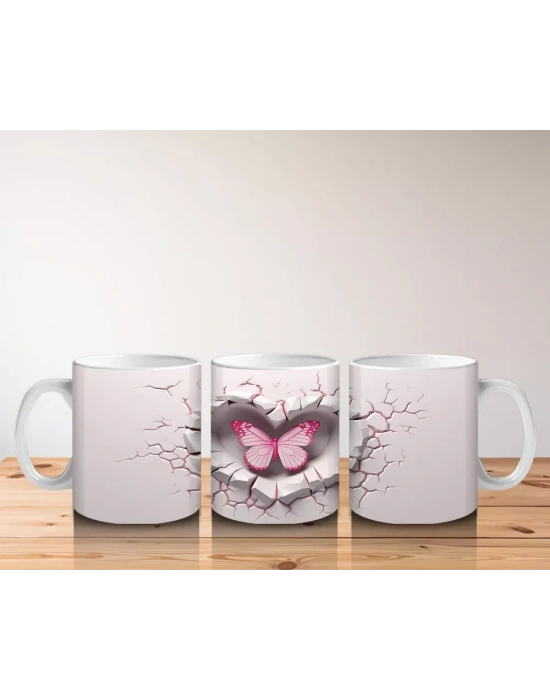 Pembe Kelebek Figürüyle Çatlak Kalp Temalı Tasarım - Baskılı kahve kupası