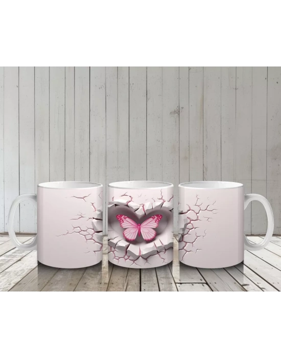 Pembe Kelebek Figürüyle Çatlak Kalp Temalı Tasarım - Baskılı kahve kupası