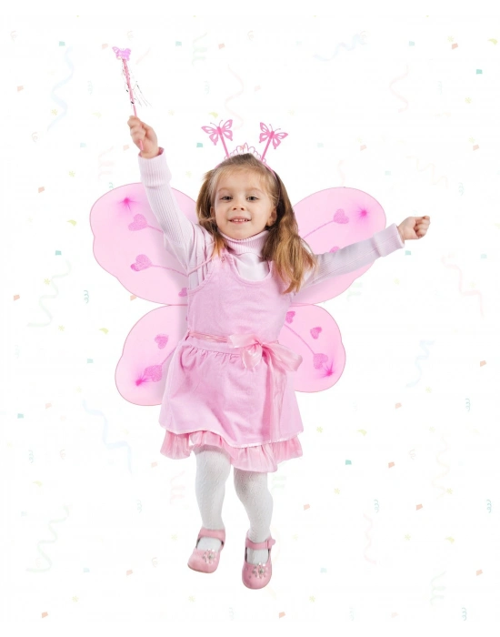 Pembe Kelebek Kız Seti – 50 cm Kelebek Kanadı, Taç ve Asa