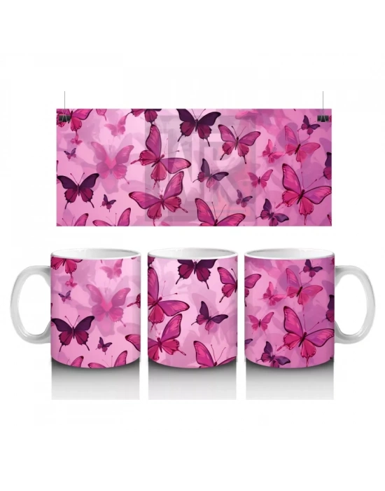 Pembe Kelebekler Desenli Arka Plan – Baskılı Kupa