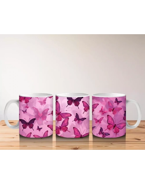 Pembe Kelebekler Desenli Arka Plan – Baskılı Kupa