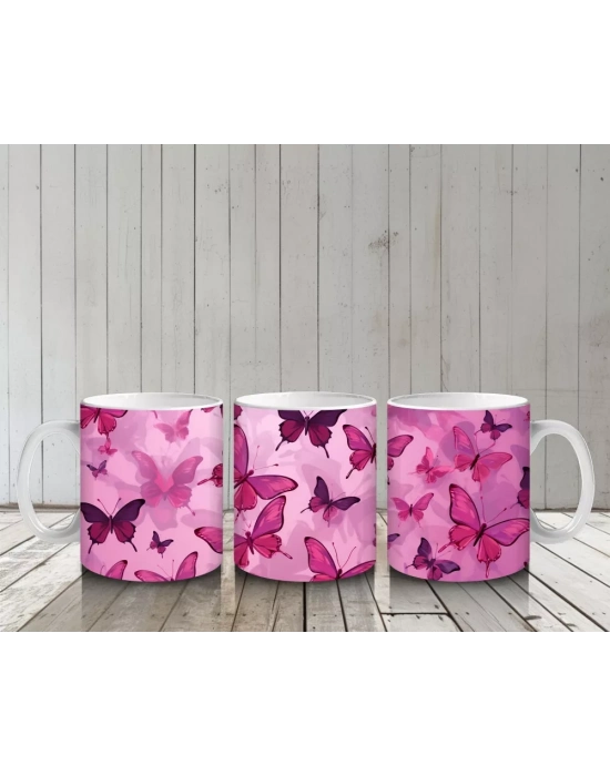 Pembe Kelebekler Desenli Arka Plan – Baskılı Kupa