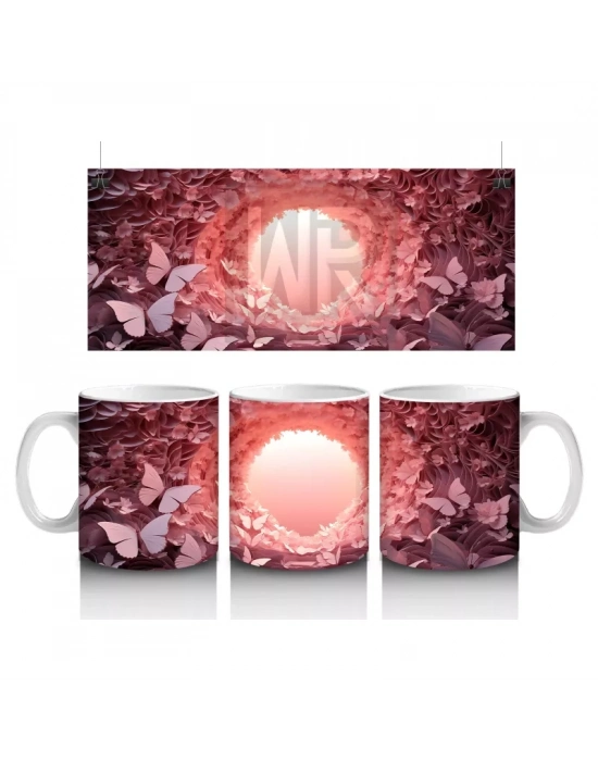 Pembe Kelebeklerle Oluşan Işık Tüneli Kompozisyonu - Baskılı kahve kupası