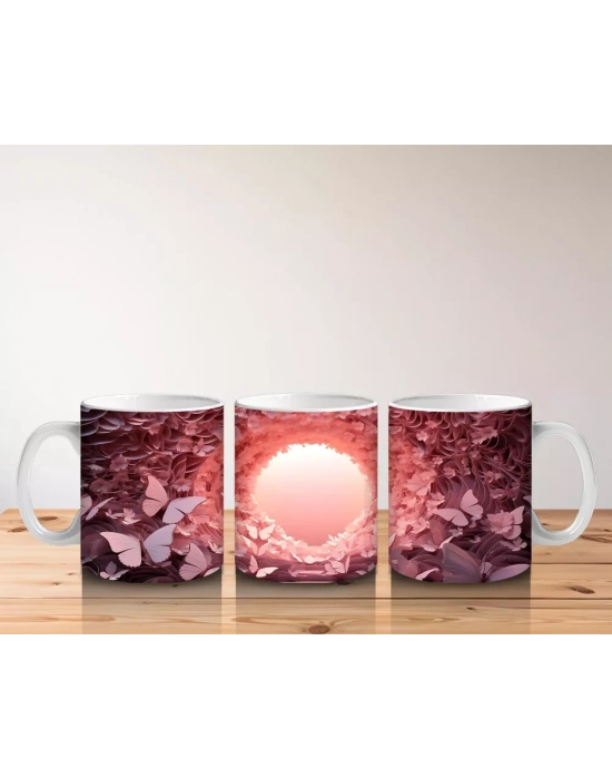 Pembe Kelebeklerle Oluşan Işık Tüneli Kompozisyonu - Baskılı kahve kupası